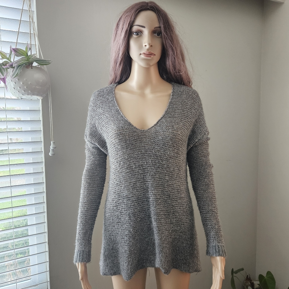 Eileen Fisher v neck metallic alpaca wool gray knit sweater